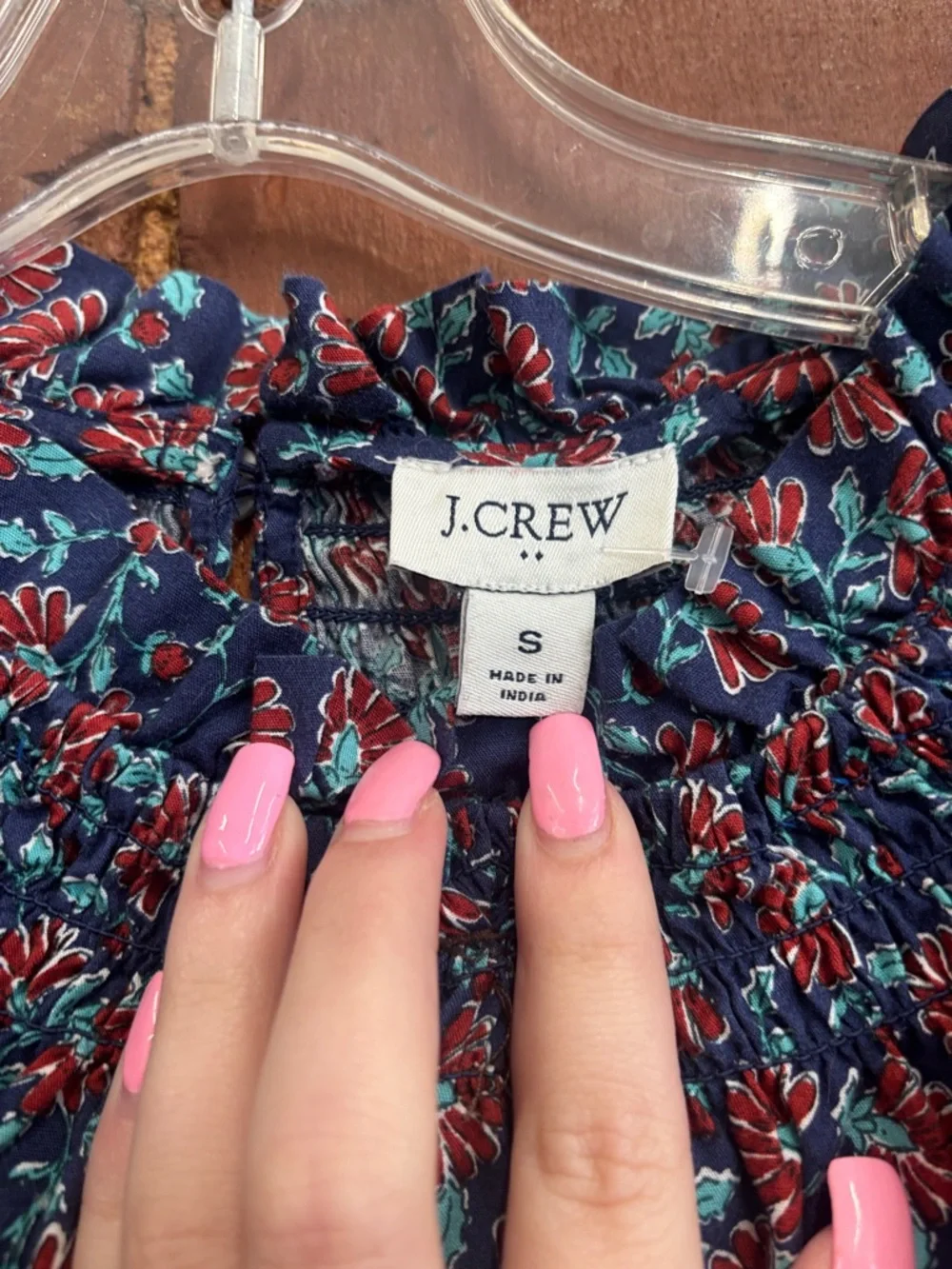J Crew Smocked Neck Floral Peasant Blouse - Navy with Red & Teal Flowers Sz‎ S - Picture 2 of 5